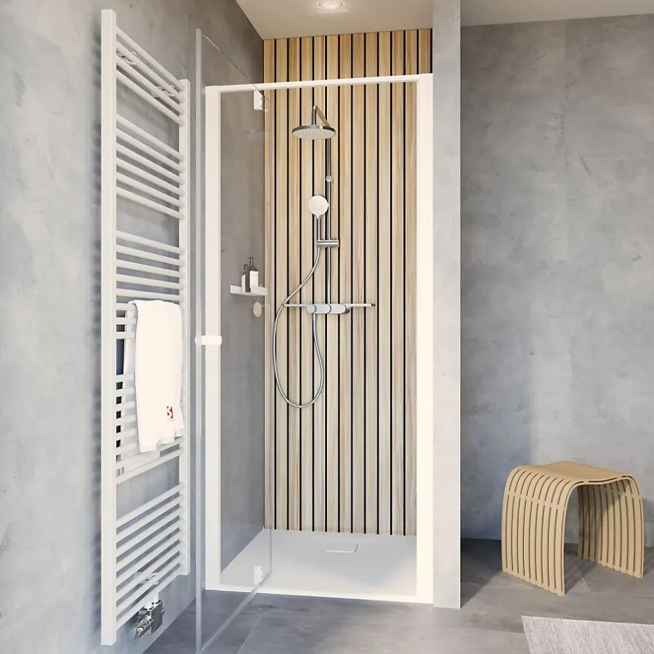 Schulte Porte de douche pivotante en niche l.90 x H.200 cm, verre transparent, profilé blanc mat, Impériale