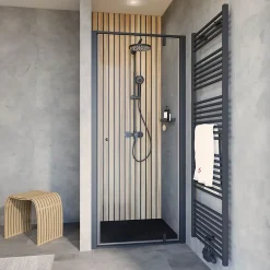 Schulte Porte de douche pivotante en niche l.90 x H.200 cm, verre transparent, profilé noir mat, Impériale
