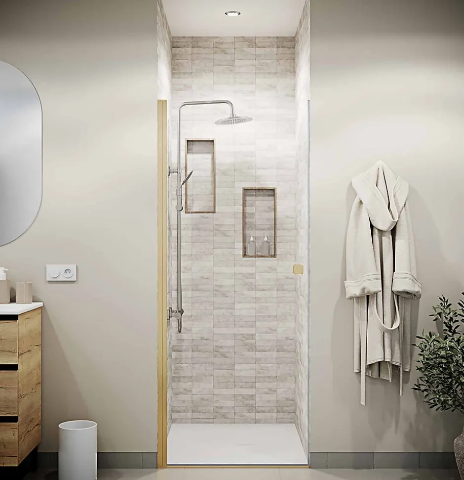 Aurlane Porte de Douche Pivotante 70x180 cm en Verre Trempe 5 mm - Finition Or Brosse - GOLD ELEMENTARY