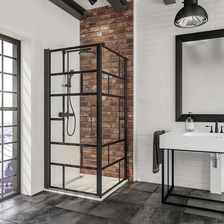 Schulte Porte de douche pivotante et paroi latérale 90 x 90 cm, NewStyle, verre transparent décor atelier, profilés noirs* Paroi De Douche