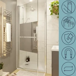 GoodHome Porte de douche pivotante l.80 x H.195 cm, bandes miroir, profilés alu chrome, Ledava* Porte De Douche