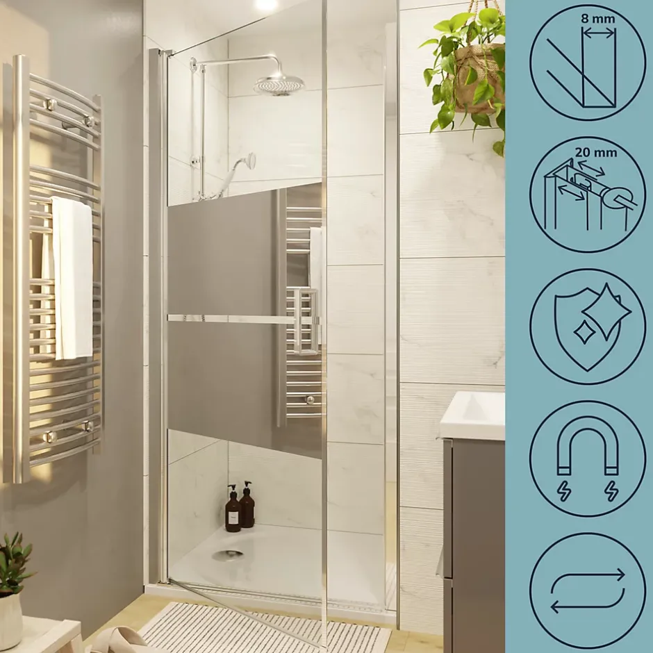 GoodHome Porte de douche pivotante l.80 x H.195 cm, bandes miroir, profilés alu chrome, Ledava* Porte De Douche