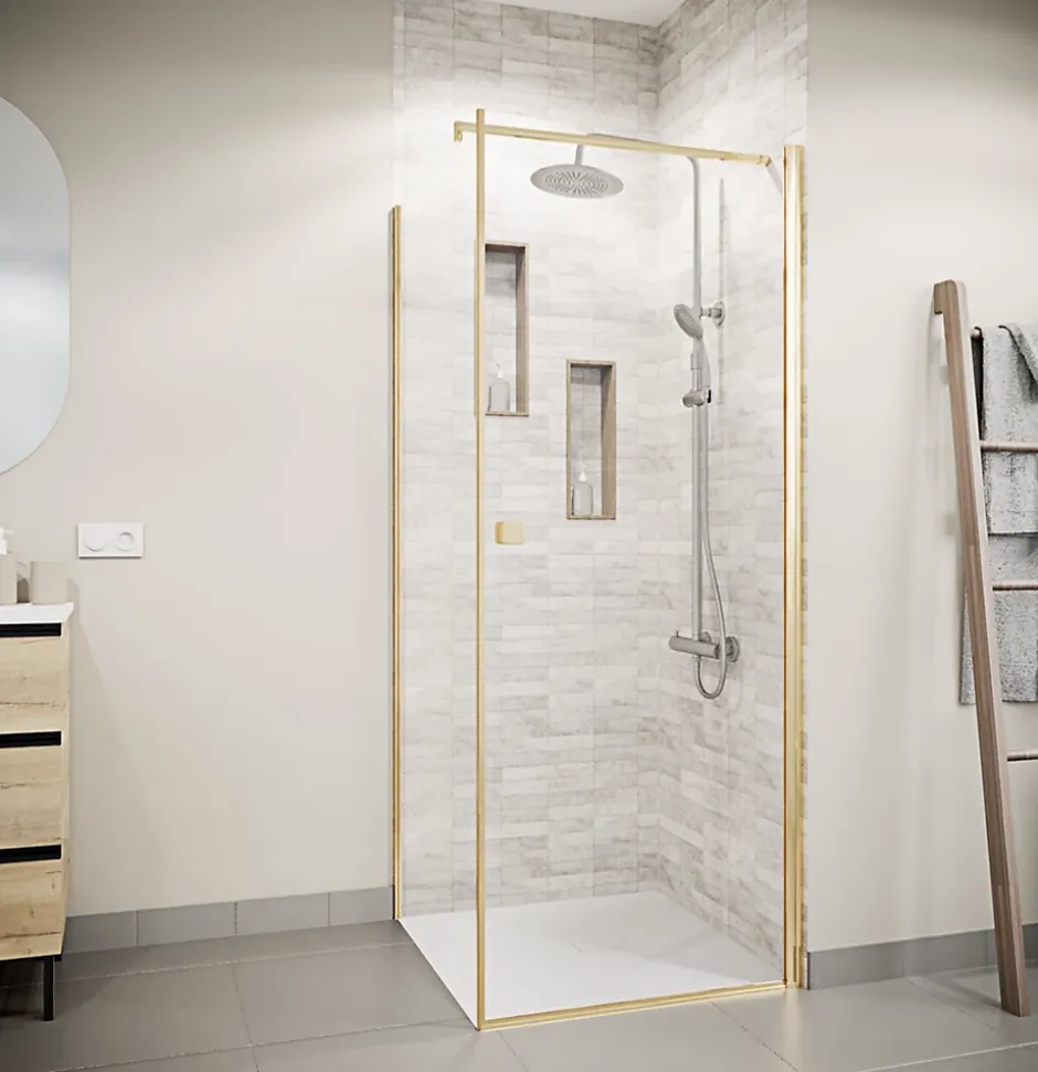 Aurlane Porte de Douche Pivotante 70x195cm et Retour 90cm - Verre 8mm Anticalcaire - Profil Or Brosse* Porte De Douche
