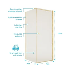 Aurlane Porte de Douche Pivotante 70x195cm et Retour 90cm - Verre 8mm Anticalcaire - Profil Or Brosse* Porte De Douche