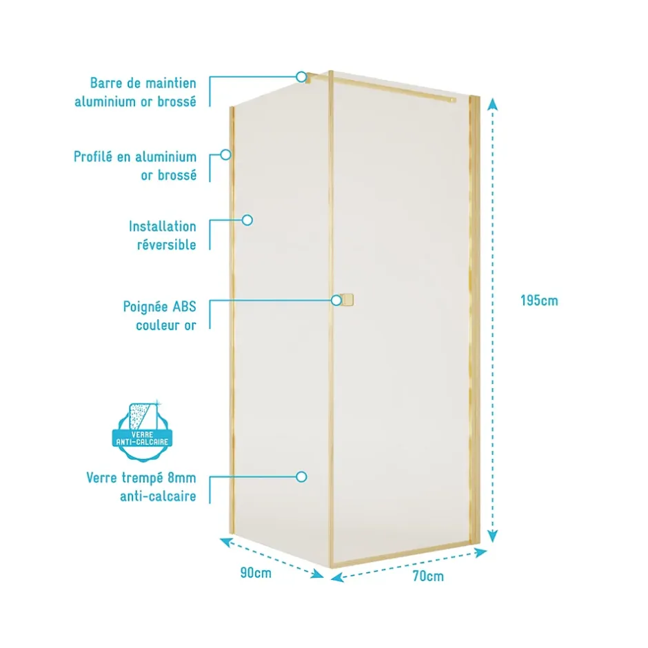 Aurlane Porte de Douche Pivotante 70x195cm et Retour 90cm - Verre 8mm Anticalcaire - Profil Or Brosse* Porte De Douche