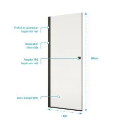 Aurlane Porte de Douche Pivotante 70x180 cm en Verre Trempe 5 mm - Finition Noire - DARK ELEMENTARY