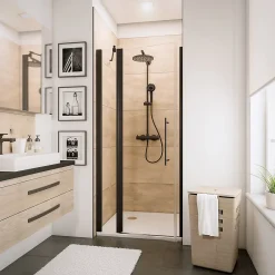 Schulte Porte de douche pivotante sur élément fixe l.120 x H.192 cm, verre transparent anticalcaire, profilé noir mat, NewStyle