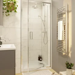 GoodHome Porte de douche pivotante axe excentré l.80 cm x H.195 cm, verre transparent, profilés alu chrome, Ledava