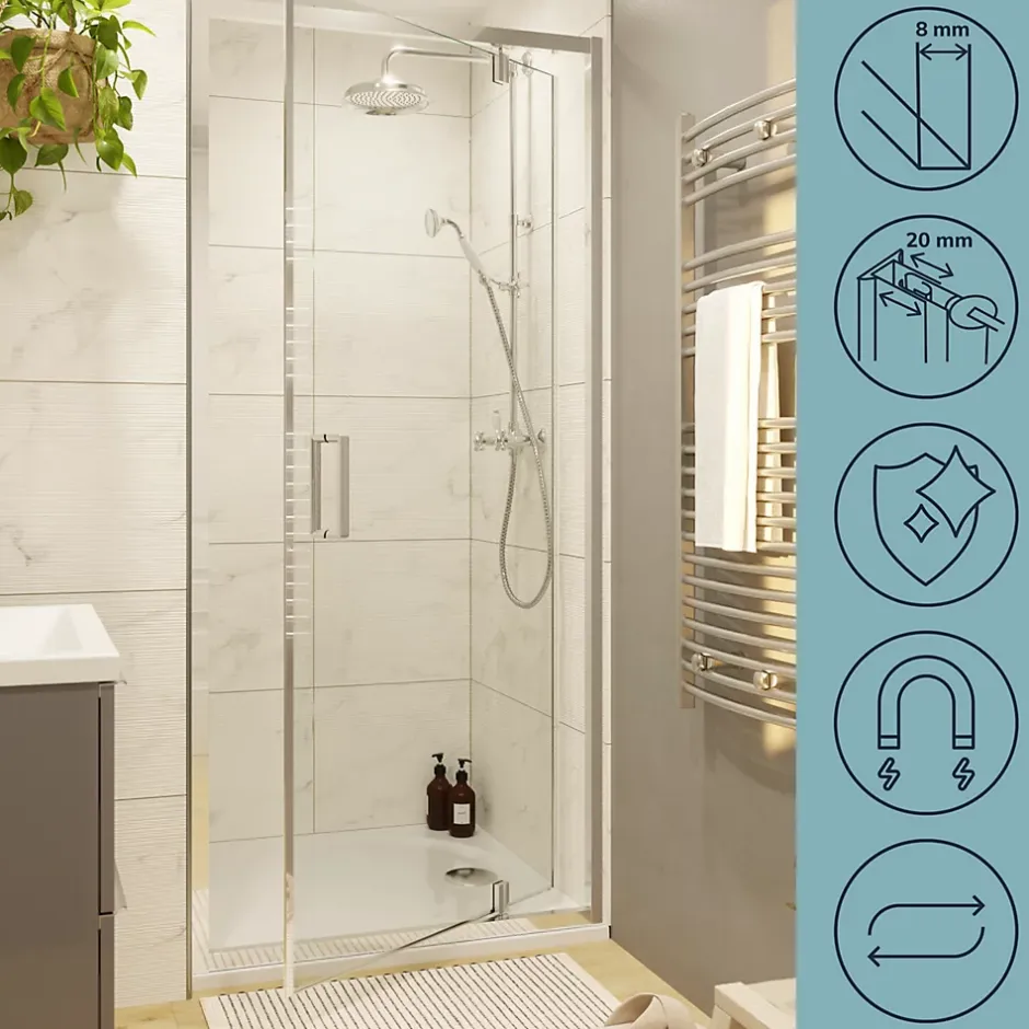 GoodHome Porte de douche pivotante axe excentré l.80 cm x H.195 cm, verre transparent, profilés alu chrome, Ledava