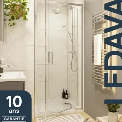 GoodHome Porte de douche pivotante axe excentré l.80 cm x H.195 cm, verre transparent, profilés alu chrome, Ledava