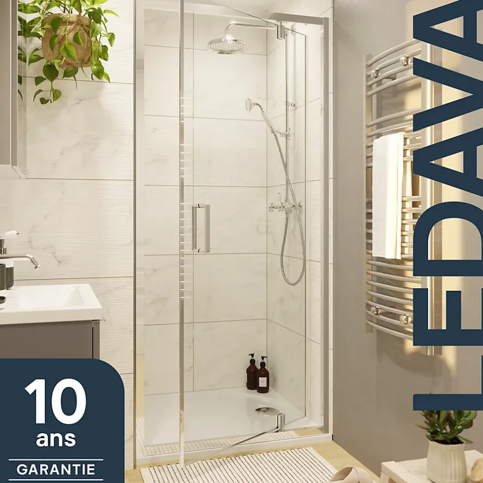 GoodHome Porte de douche pivotante axe excentré l.80 cm x H.195 cm, verre transparent, profilés alu chrome, Ledava