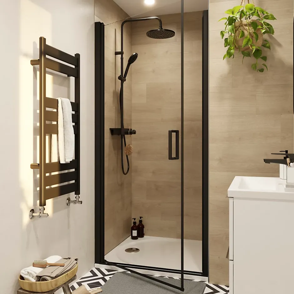 GoodHome Porte de douche pivotante l.80 x H.195 cm, verre transparent, profilés alu noir, Ledava* Porte De Douche