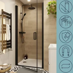 GoodHome Porte de douche pivotante l.80 x H.195 cm, verre transparent, profilés alu noir, Ledava* Porte De Douche