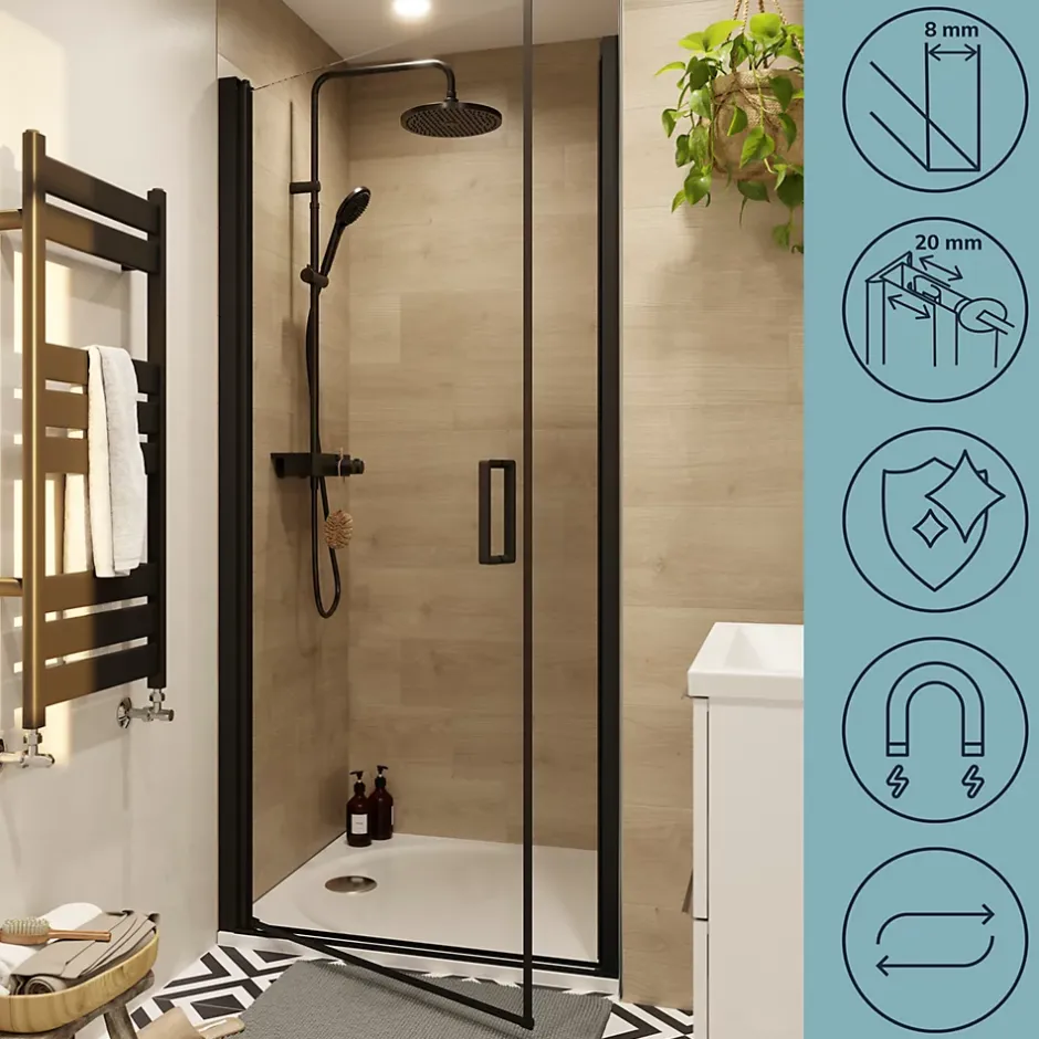 GoodHome Porte de douche pivotante l.80 x H.195 cm, verre transparent, profilés alu noir, Ledava* Porte De Douche