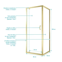 Galedo Porte de douche pivotante et paroi fixe l.80 x 80 x H.200 cm profilés doré brossé, Factory