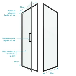 Aurlane Porte de douche Pivotante et retour 90x90x200 - Profilés noir mat - CRUSH PIVOTANTE* Porte De Douche