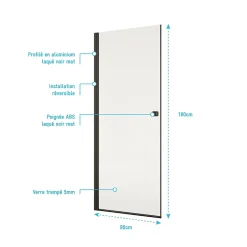Aurlane Porte de Douche pivotante 90x180 cm en Verre Trempe 5 mm - Finition Noire - DARK ELEMENTARY