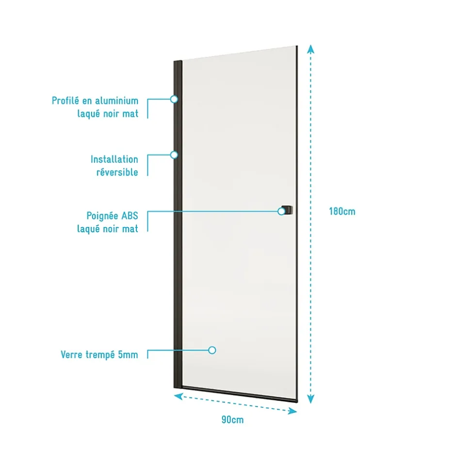 Aurlane Porte de Douche pivotante 90x180 cm en Verre Trempe 5 mm - Finition Noire - DARK ELEMENTARY