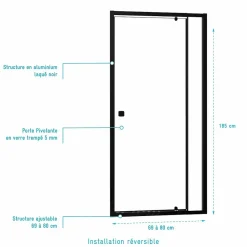 Aurlane Porte de douche Pivotante Noir 70-80x185cm - Extensible de 69 à 80 cm - BLACK SLIDE 70 80* Porte De Douche