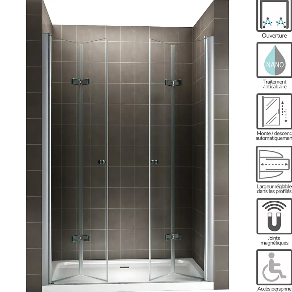 Saniverre Porte de douche pliante EMMY H.195 largeur réglable 112 à 116 cm verre transparent -* Porte De Douche