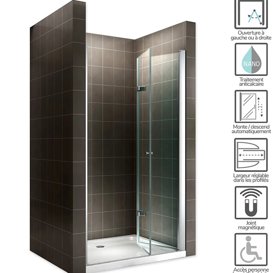 Saniverre Porte de douche pliante MONA H.195 - largeur réglable de 84 à 88 cm verre transparent -