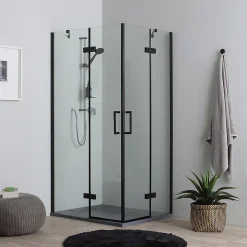 Kiamami Valentina Porte De Douche 80X100 Noire Mate Réversible Avec Deux Portes Battantes En Verre - London* Porte De Douche