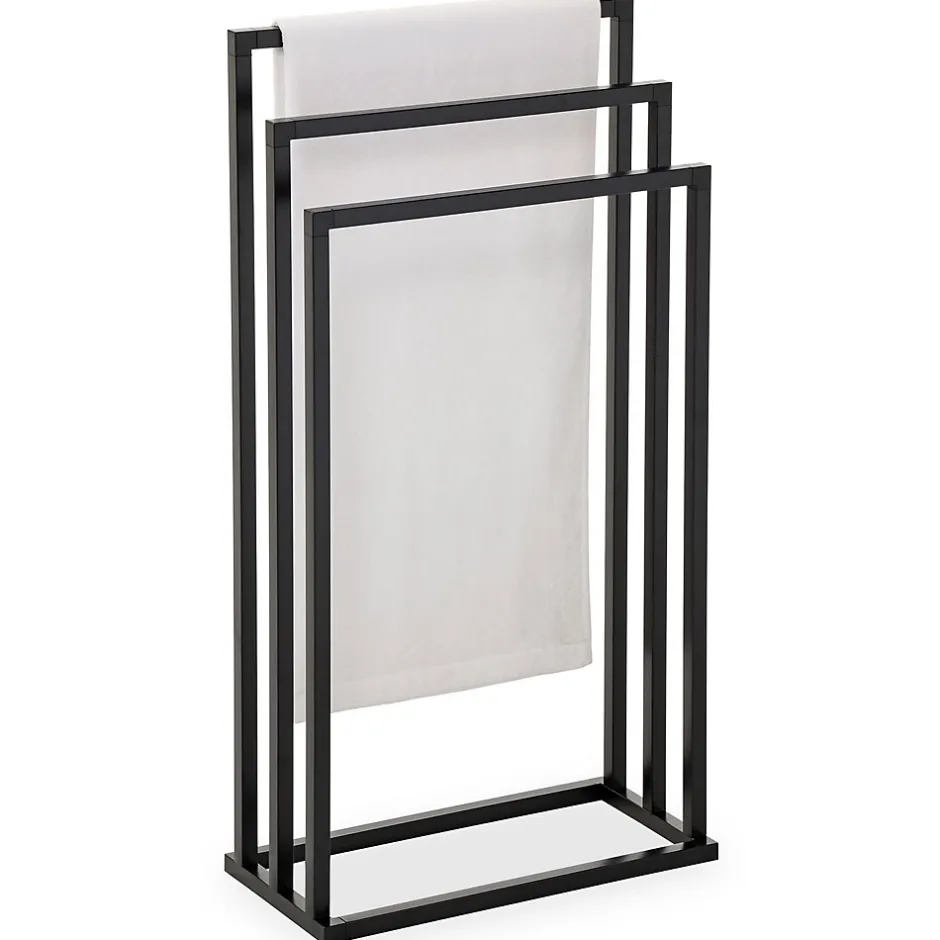 Idimex Porte-serviettes sur pied KUNO portant pour vêtements et linge de salle de bain avec 3 niveaux d'étendage, structure en métal noir