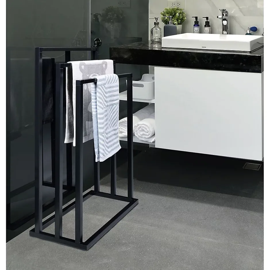 Idimex Porte-serviettes sur pied KUNO portant pour vêtements et linge de salle de bain avec 3 niveaux d'étendage, structure en métal noir