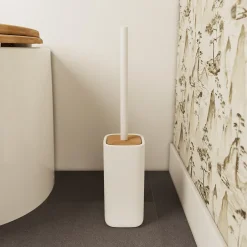 GoodHome Pot à balai WC en céramique et bambou, blanc, Cervia