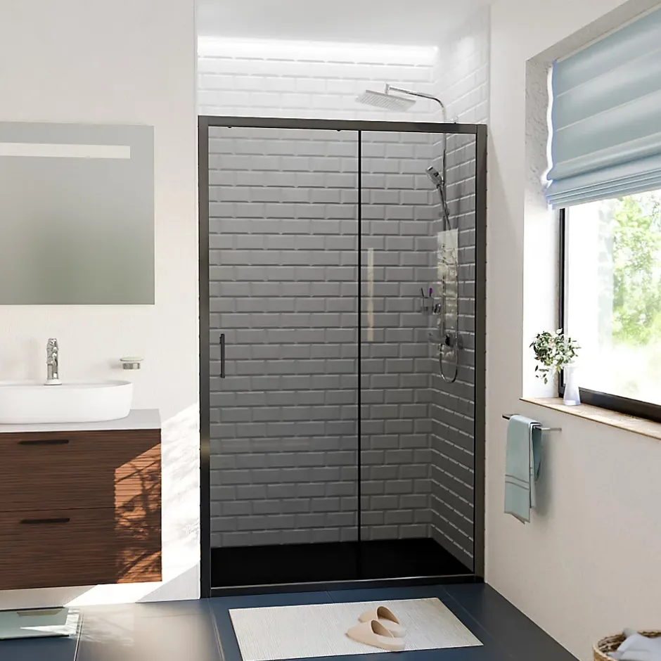 Ceramica PURA Porte de douche 100x195cm coulissante anticalcaire avec profilés Noir mat (CERAHP100BGG)* Porte De Douche