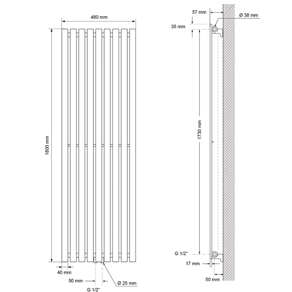 Luxebath Radiateur à Panneaux Design Stella, 1800 x 480 mm, Anthracite, avec Connexion Central, Plat, Vertical, Monocouche* Sèche-Serviettes Mixte