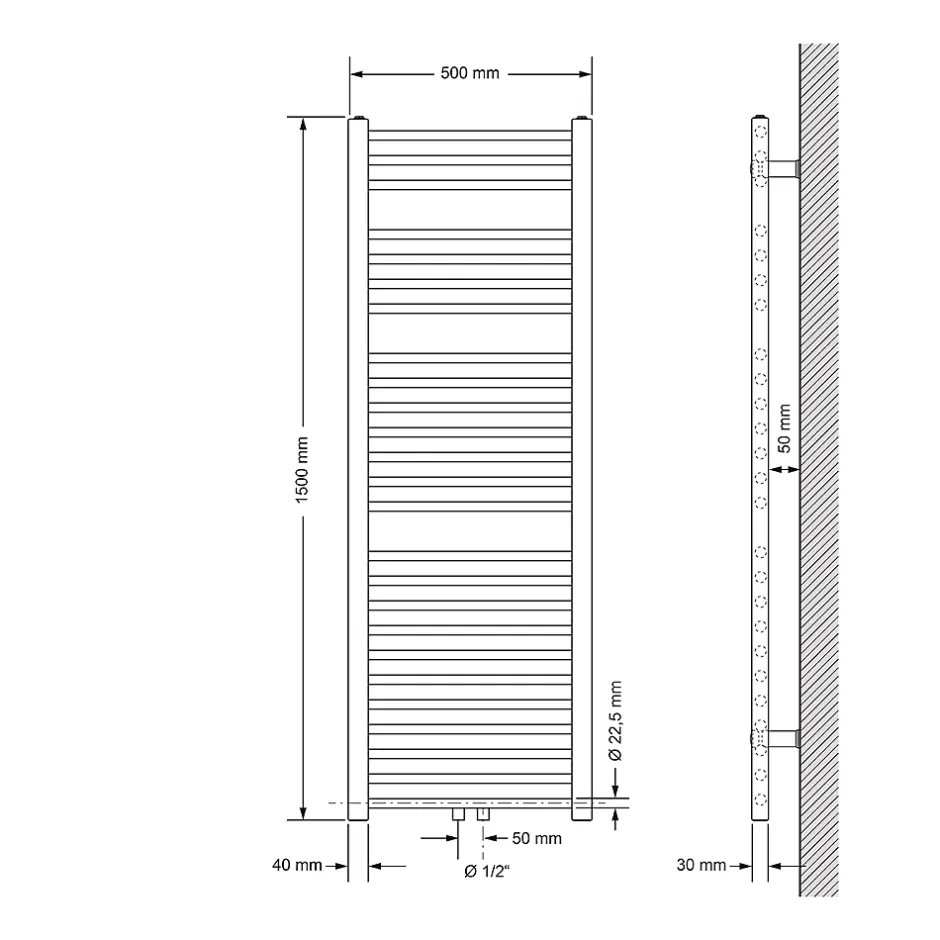 Luxebath Radiateur de Salle de Bain Design Sahara, 500 x 1500 mm, Noir Mat, Forme Droit avec Connexion Central, sans Kit de Raccordement