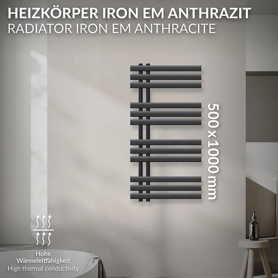 Luxebath Radiateur de salle de bain - 500 x 1000 mm - anthracite - radiateur sèche-serviettes - pas électrique