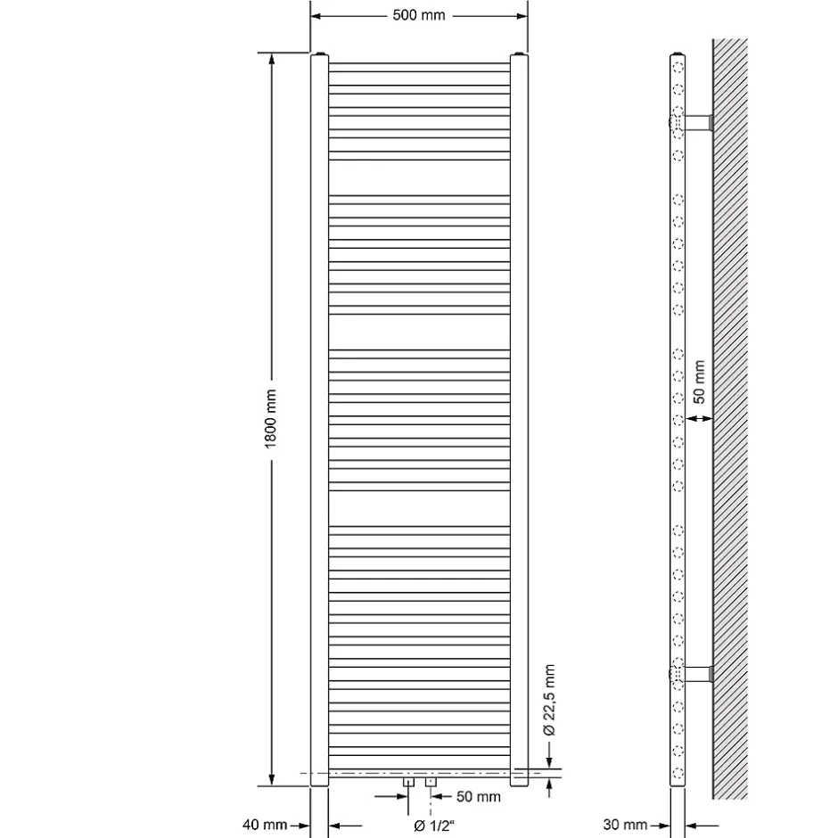 Luxebath Radiateur Design Sahara Non Electrique - 500 x 1800 mm - Blanc - Connexion Central - sans Kit de Raccordement - Forme Droit* Sèche-Serviettes Eau Chaude