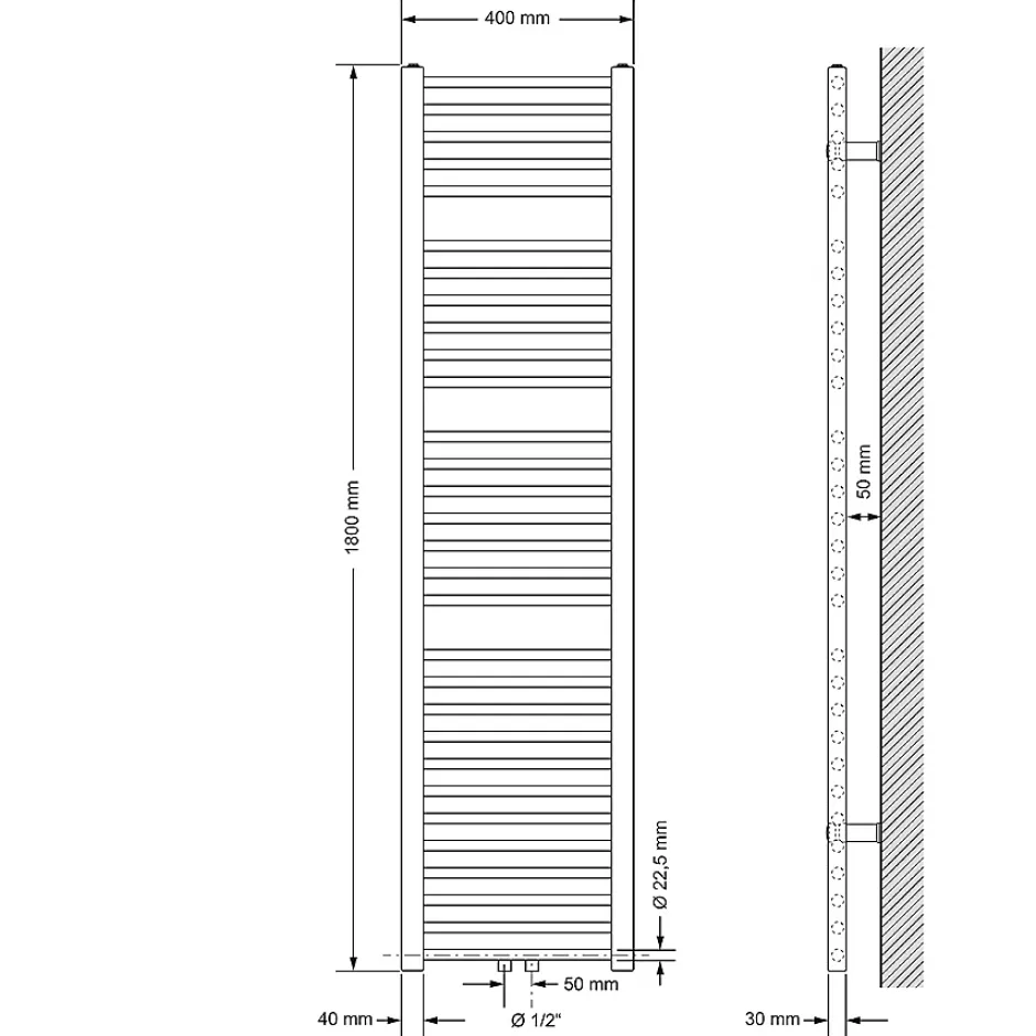 Luxebath Radiateur Design Sahara Non Electrique - 400 x 1800 mm - Blanc* Sèche-Serviettes Eau Chaude