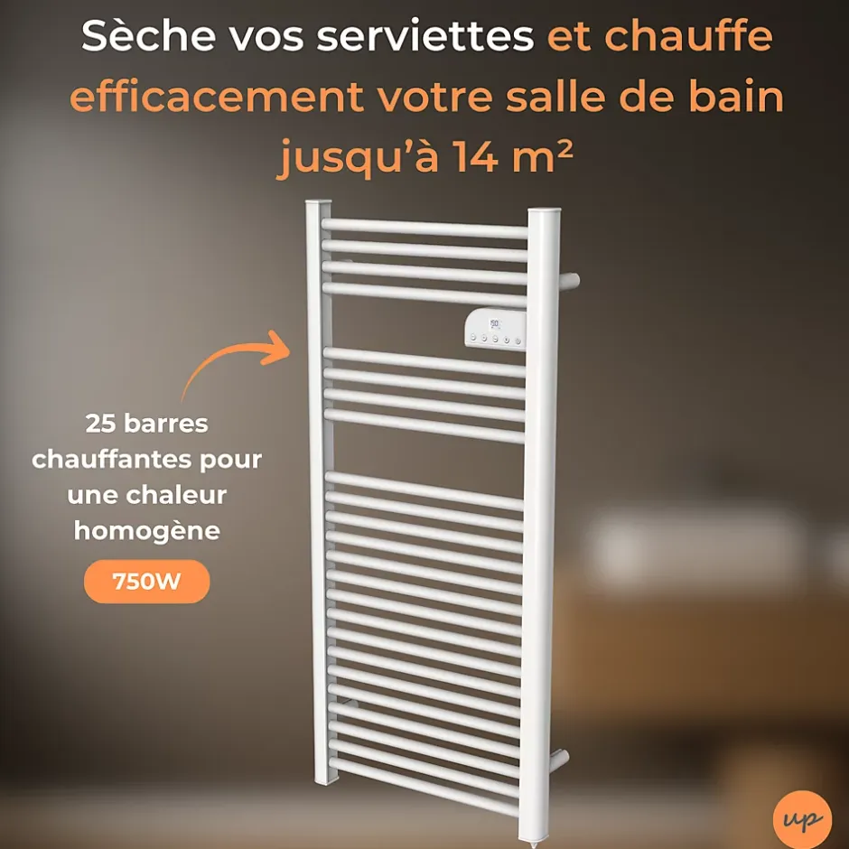 Cosy up Radiateur sèche serviettes électriques à inertie sèche barres rondes 750W thermostat programmable Cosyup Olen Blanc Garantie 3 ans