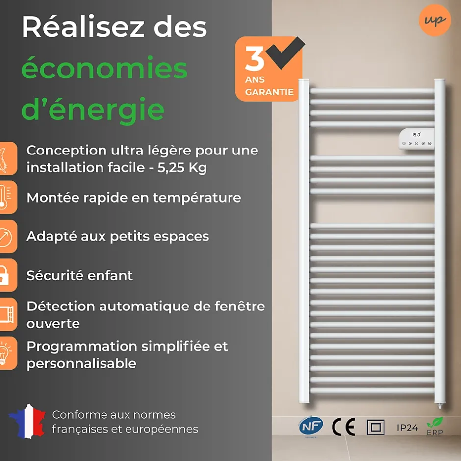 Cosy up Radiateur sèche serviettes électriques à inertie sèche barres rondes 750W thermostat programmable Cosyup Olen Blanc Garantie 3 ans