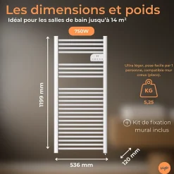 Cosy up Radiateur sèche serviettes électriques à inertie sèche barres rondes 750W thermostat programmable Cosyup Olen Blanc Garantie 3 ans