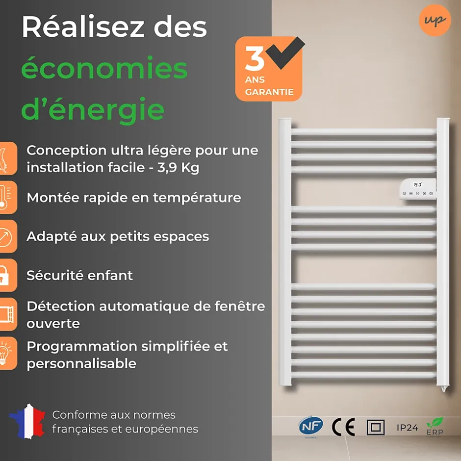 Cosy up Radiateur sèche serviettes électriques à inertie sèche barres rondes 500W thermostat programmable Cosyup Olen Blanc Garantie 3 ans