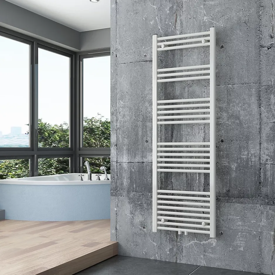 Bernstein Radiateur sèche-serviettes 150x50cm design salle de bain en laiton, Blanc, R18W, Avec porte-serviette droit, Sans kit de connexion