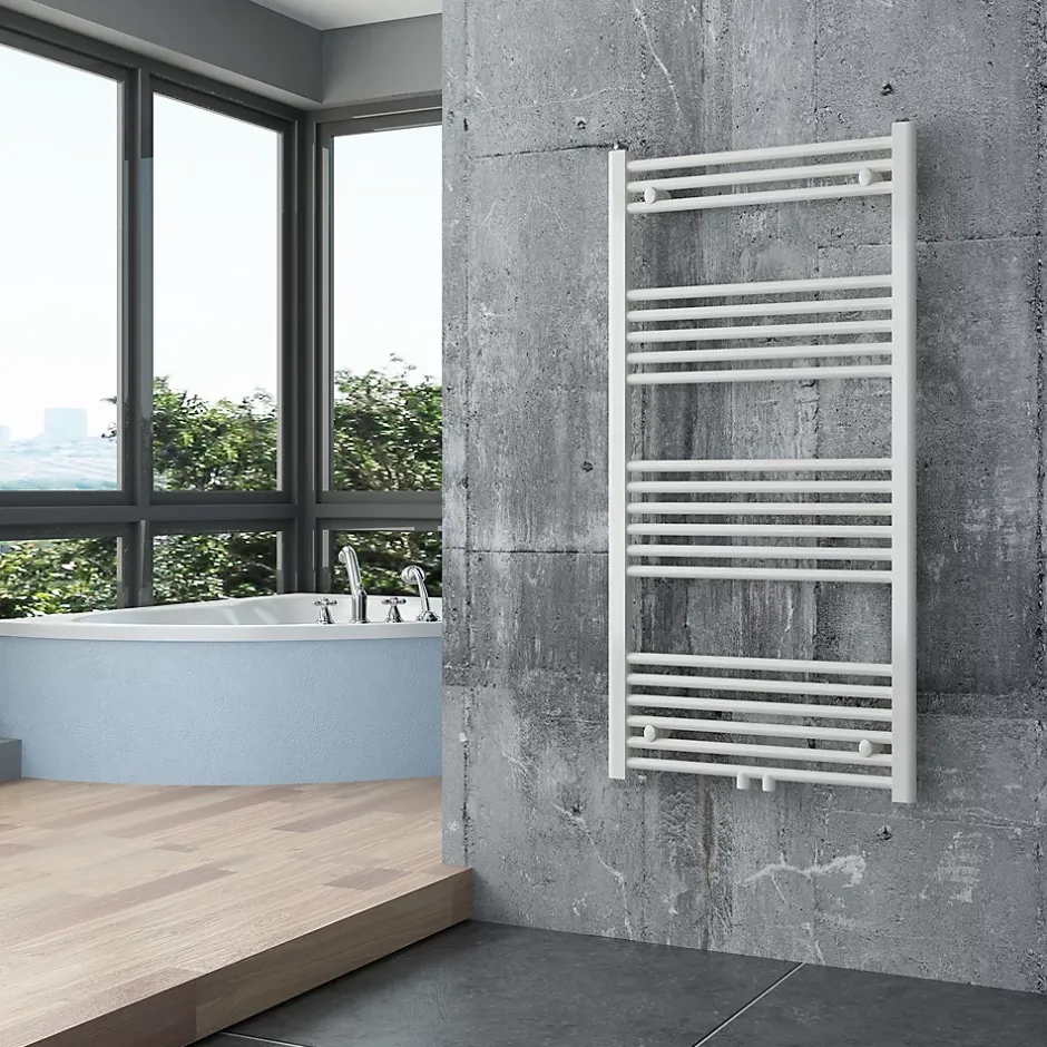 Bernstein Radiateur sèche-serviettes 120x60cm design salle de bain en laiton, Blanc, R18W, Avec porte-serviette droit + kit connexion blanc