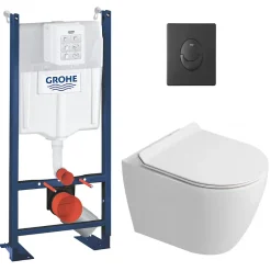 Grohe Rapid SL Pack WC bâti autoportant + WC suspendu sans bride Ceramia avec abattant SoftClose + plaque noir mat (GRRCEPXWR11-FR)* Wc Suspendu