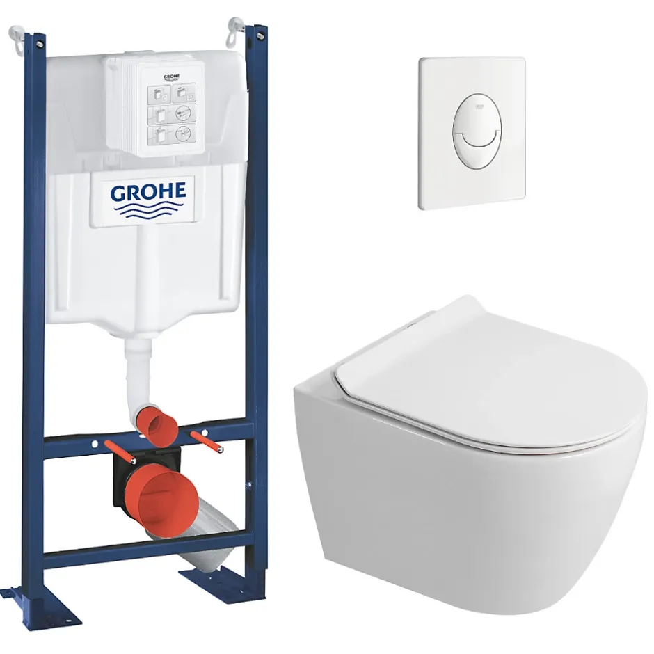 Grohe Rapid SL Pack WC bâti autoportant + WC suspendu sans bride Ceramia avec abattant SoftClose + plaque blanche (GRRCEPXWR03-FR)* Wc Suspendu