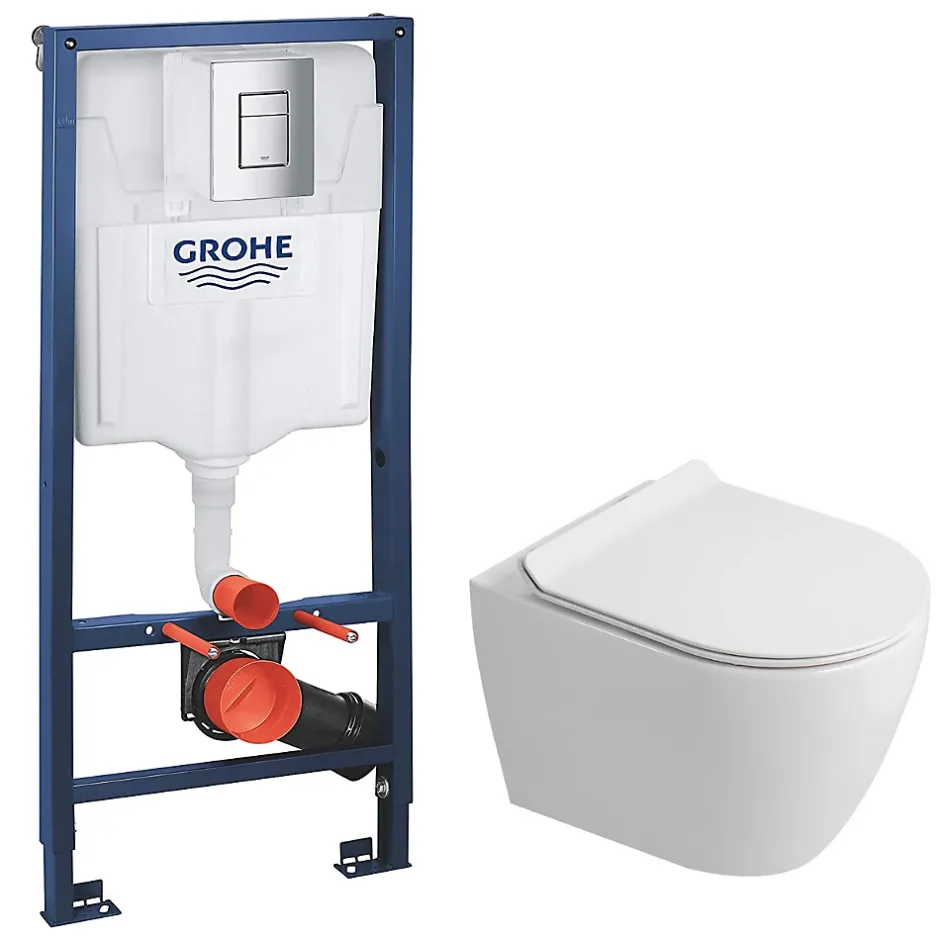 Grohe Rapid SL Pack WC bâti-support + WC suspendu sans bride Ceramia avec abattant SoftClose + plaque chrome (GRRCEPXWR14-FR)* Wc Suspendu