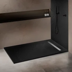 U-tile Receveur 180 x 90 cm HD en pierre naturelle noir caniveau excentré