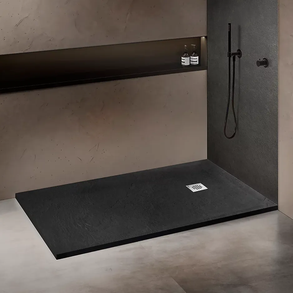 U-tile Receveur 150 x 100 cm HD en pierre naturelle gris grille excentrée