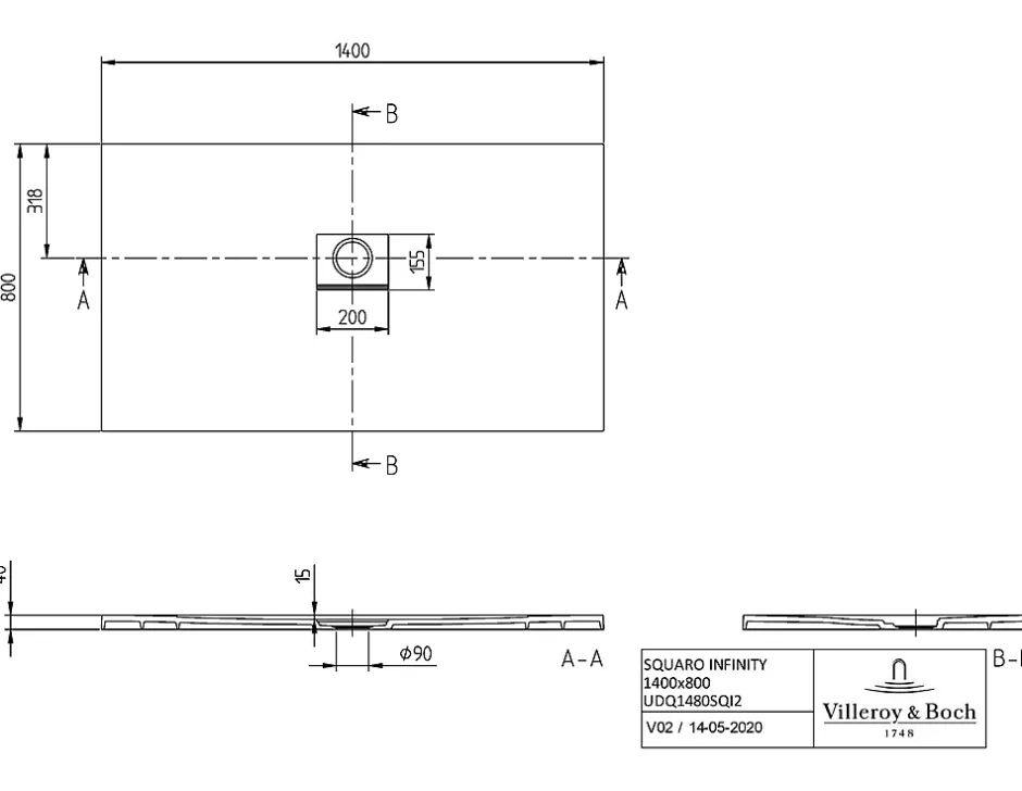 Villeroy & Boch Receveur de douche à poser 80 x 140 cm, blanc, Squaro Infinity