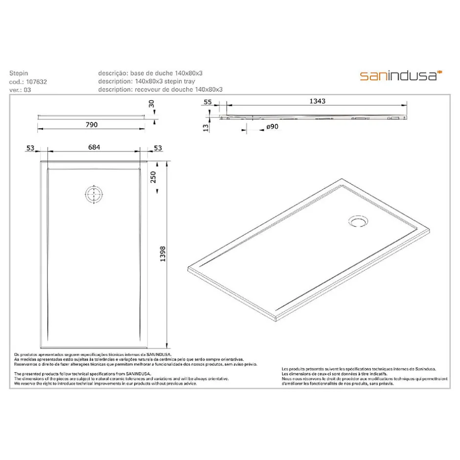 Sanindusa Receveur de douche à poser extra plat épaisseur 30mm céramique traditionnelle Stepin 140x80 blanc* Receveur De Douche