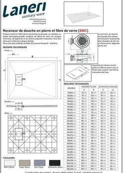 Laneri Receveur de douche SMC en fibre de verre effet pierre avec bonde inclus H. 2,6 cm 70 x 140 Blanche