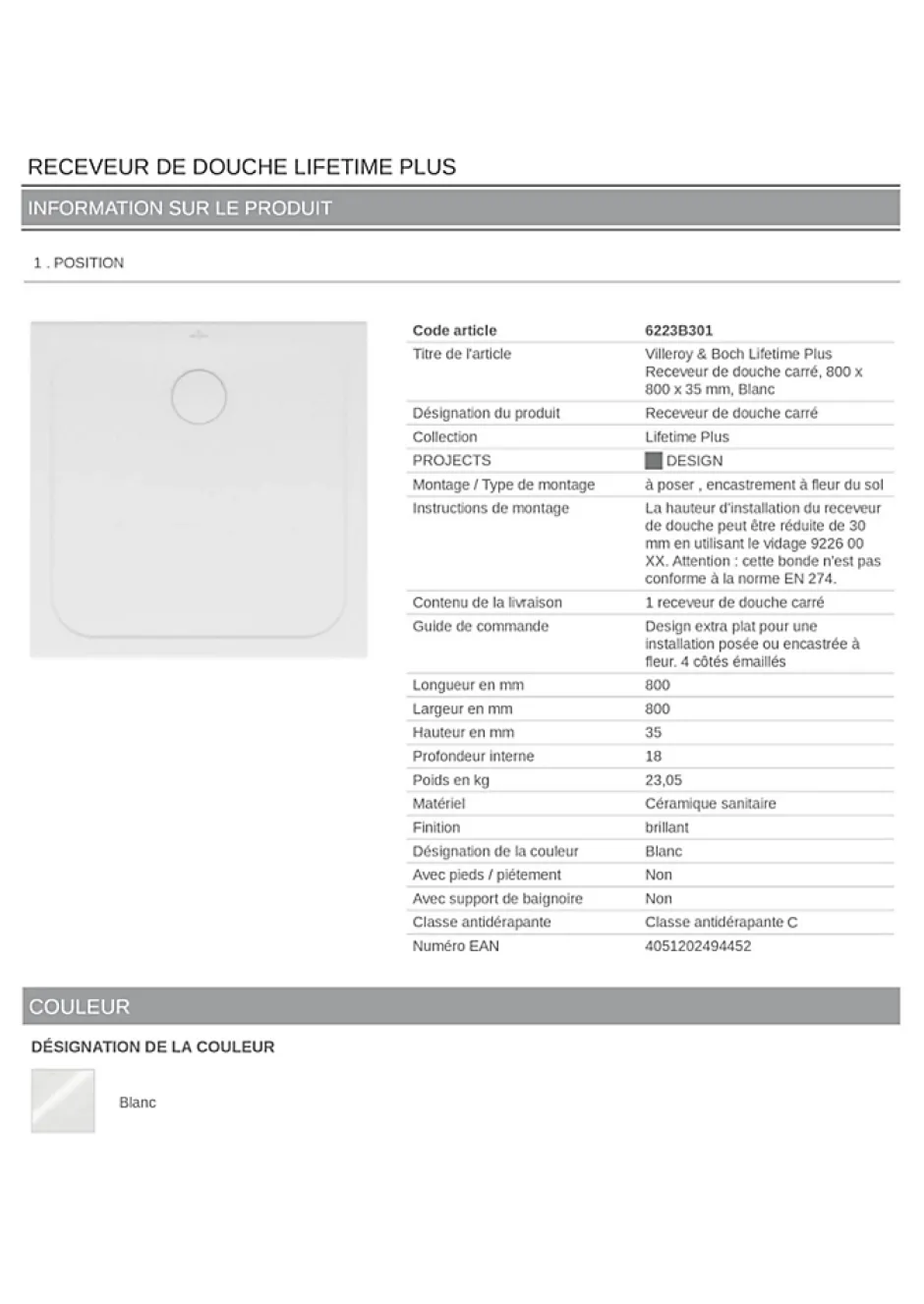 Villeroy & Boch Receveur de douche 80 x 80 cm en céramique, blanc, Slim* Receveur De Douche